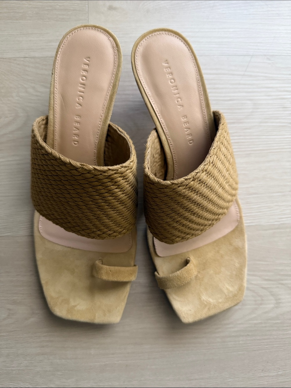 Veronica Beard Tan Woven Toe-Loop Mules